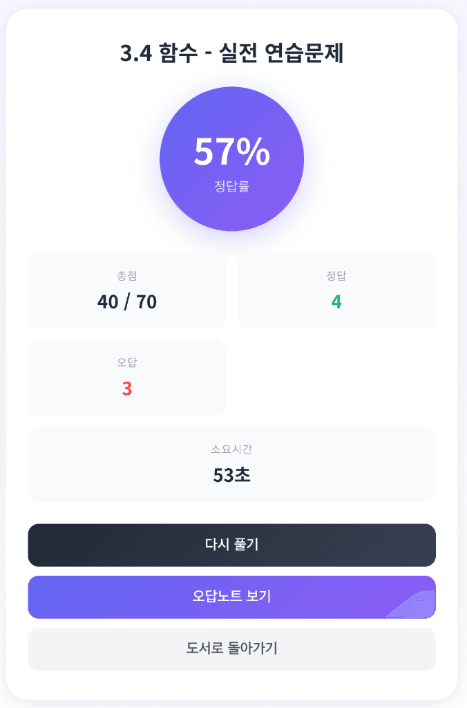 퀴즈 결과 화면 예시